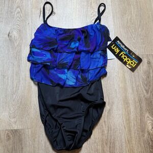 Vintage Robby Len Blue Ruffle & Black One-Piece Swimsuit Womens Size‎ 12